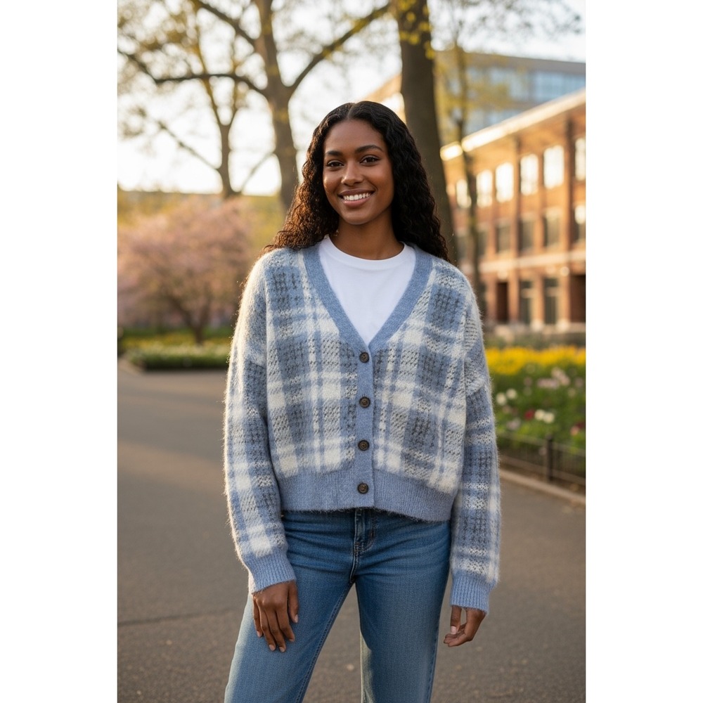 Cupcakes and Cashmere Women's‎ Blue Plaid Knit Button Down Cardigan Sweater